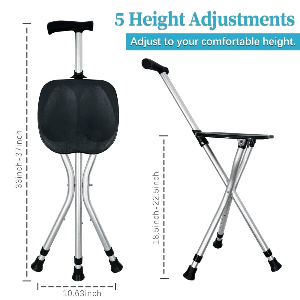 Portable Adjustable Folding Walking Cane with Seat Allows Durability While Wa...