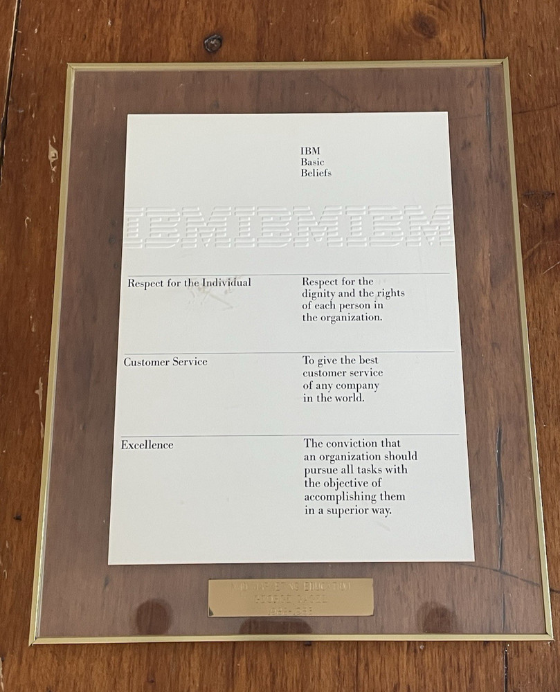 Vintage IBM Computer Framed Basic Beliefs Embossed Values Sign Document