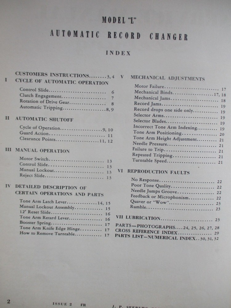 Seeburg Model “L” Automatic Record Changer Service Manual
