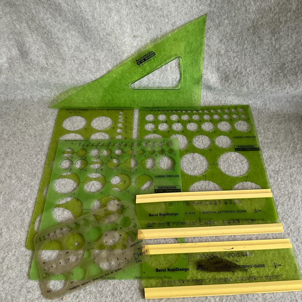 Lot/8 Vtg Drafting Templates RapiDesign Large Circles Lettering Guide Triangle