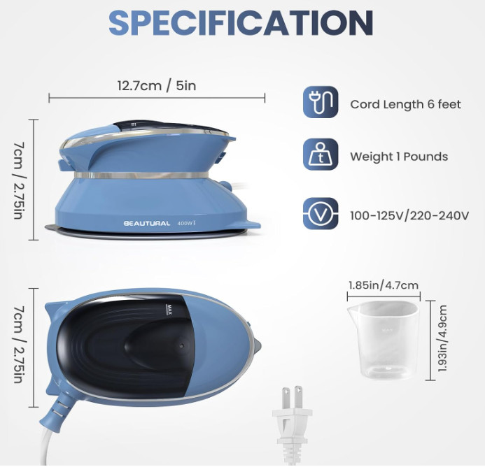 Mini plancha de viaje con vapor, doble voltaje y tanque desmontable, ideal DIY.