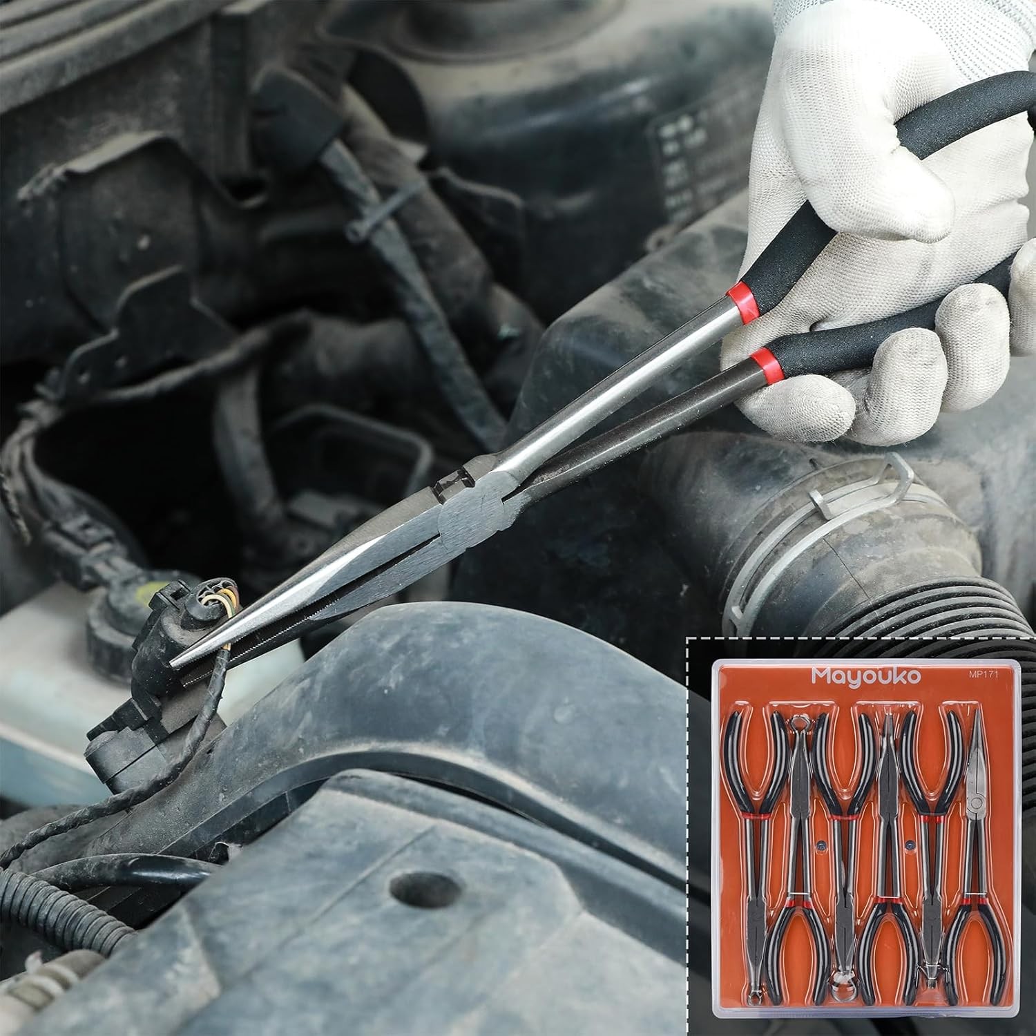 6PCS Extra Long Reach Pliers Set, 11" Straight, 45 and 90 Bent Nose, 5/16", 1/2"