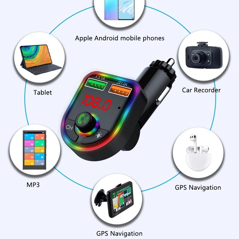 Car Bluetooth 5.3 FM Multifunction Adapter Dual USB Port Quick Charge Adapter