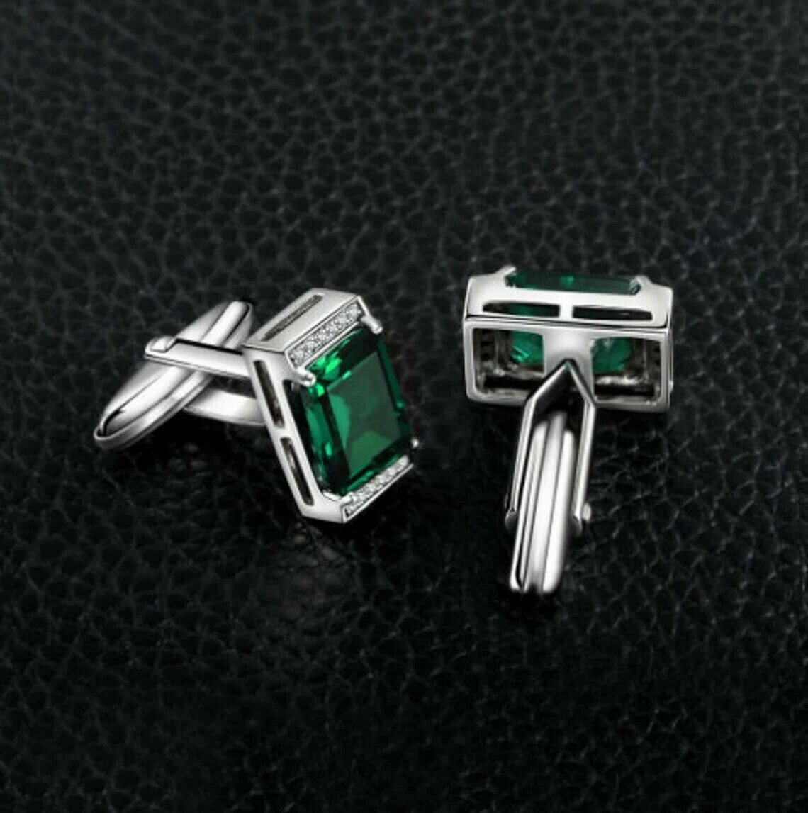 3 CT Emerald Cut Lab Created Green Emerald Men's Cufflink 14K White Gold Plated.
