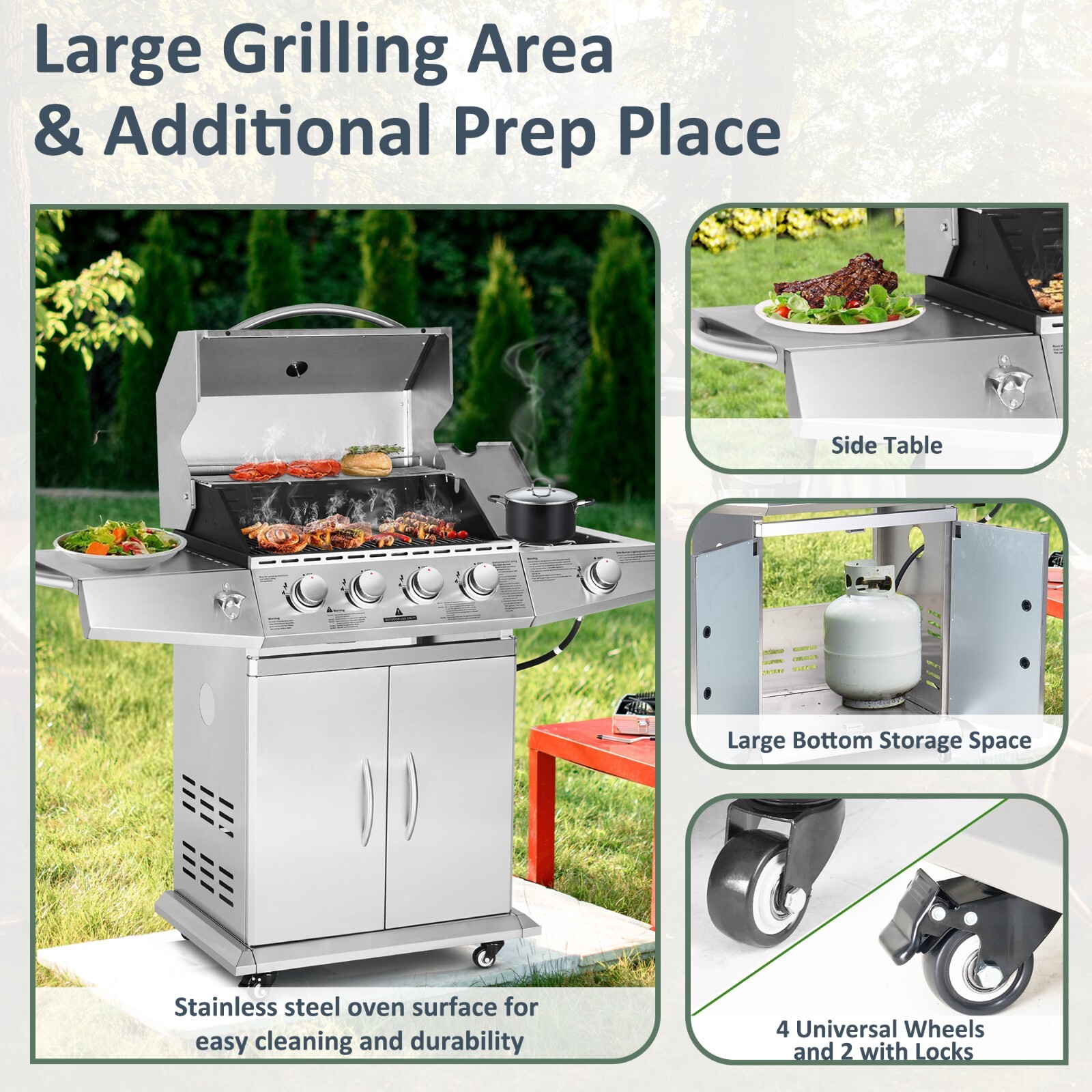 Propane Gas Grill 4 Burners Stainless Steel Grill Cart Outdoor Cooking BBQ 4+1