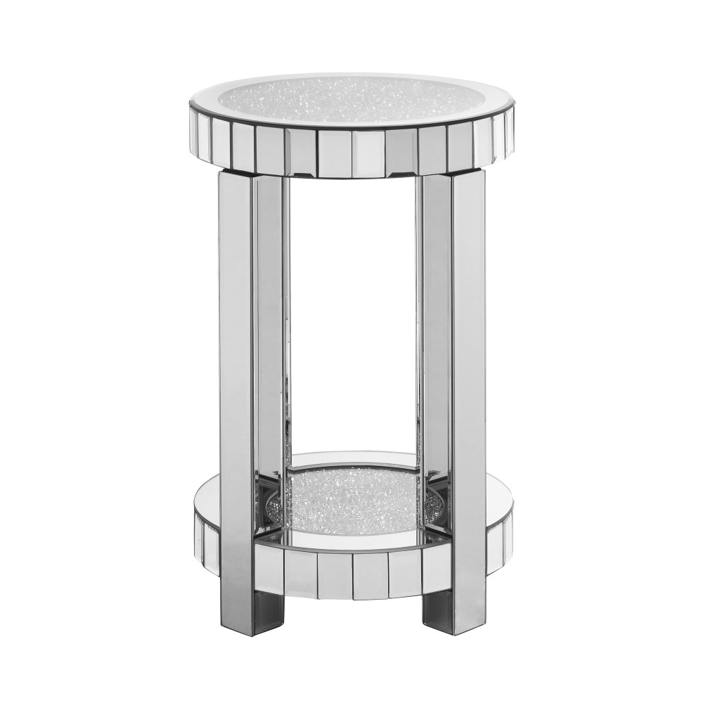Mirrored Round End Table w/ Crystal Inlay, 2-Tier Coffee Table Silver