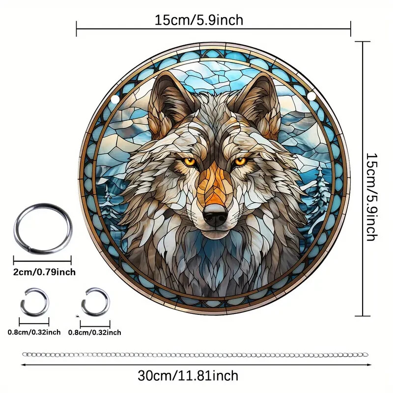 Tiled Effect Wolf Face Suncatcher Double Sided Round Dyed Acrylic Decor
