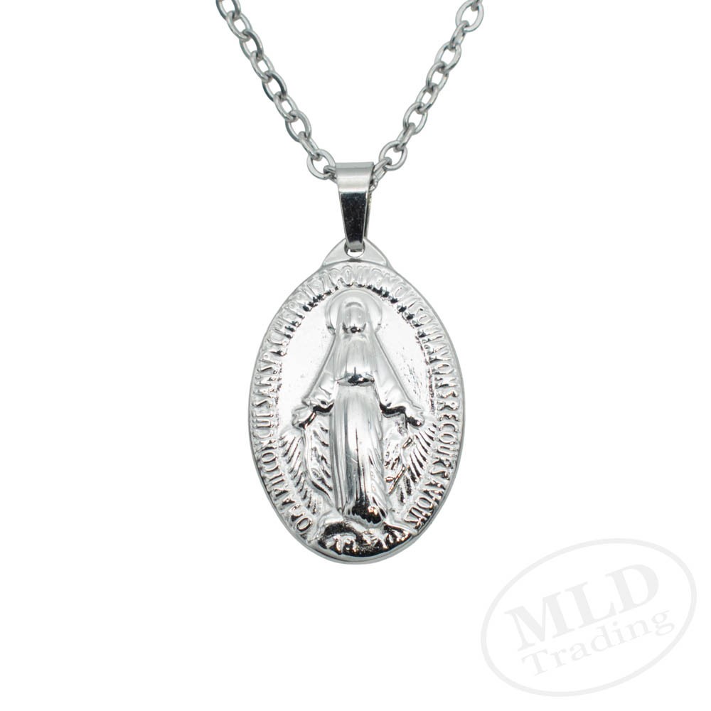 Miraculous Medal Necklace – Stainless Steel Virgin Mary Pendant – 18”+2” Chain