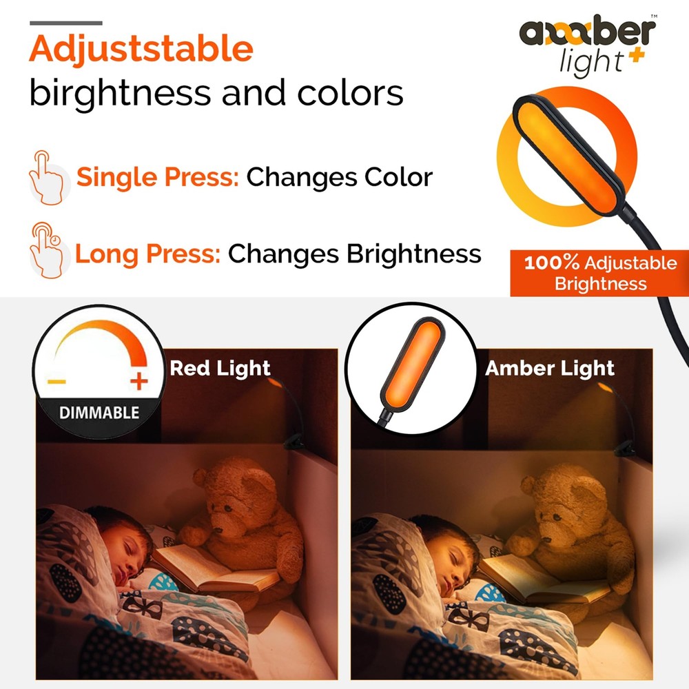 Amber Reading Light + Red Light. Giftable Blue Light Blocking Book Light for ...
