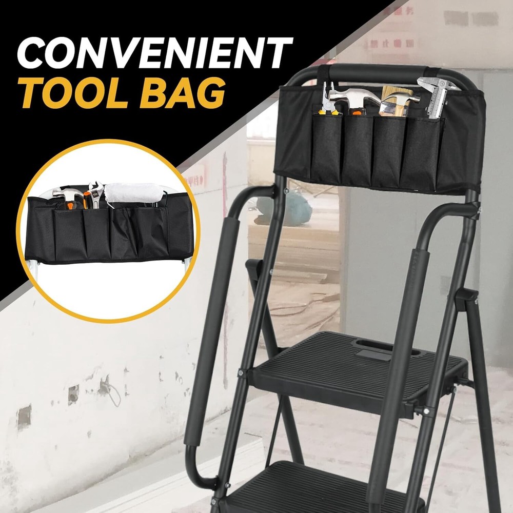 4 Step stool Ladder with Handrails 330 lbs folding Attachable Tool Black