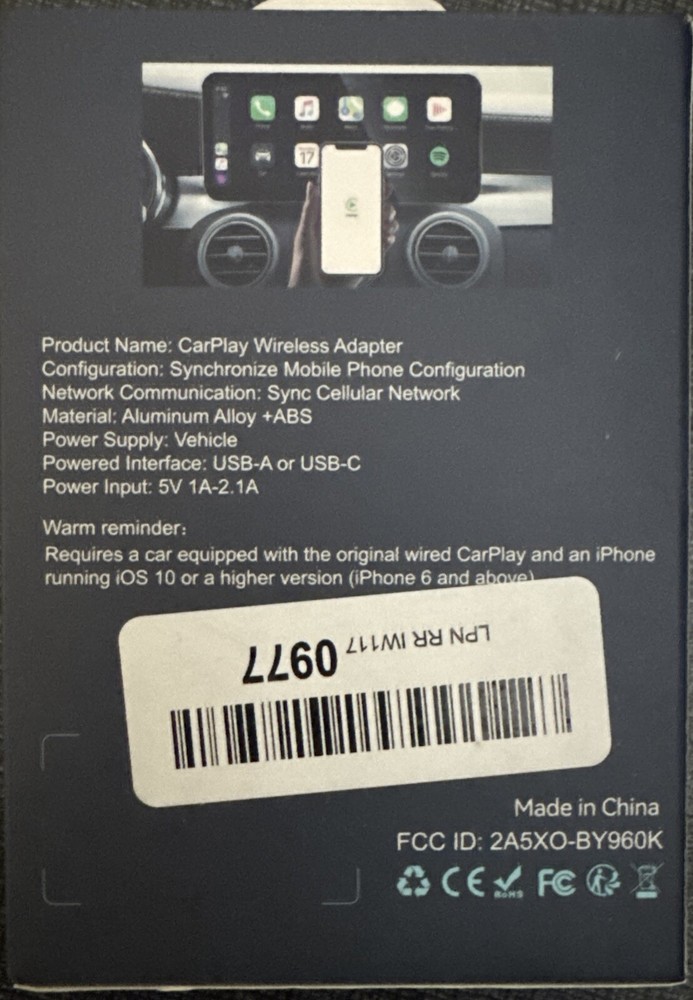 Wireless Car Play Adapter BY960H New Open Box