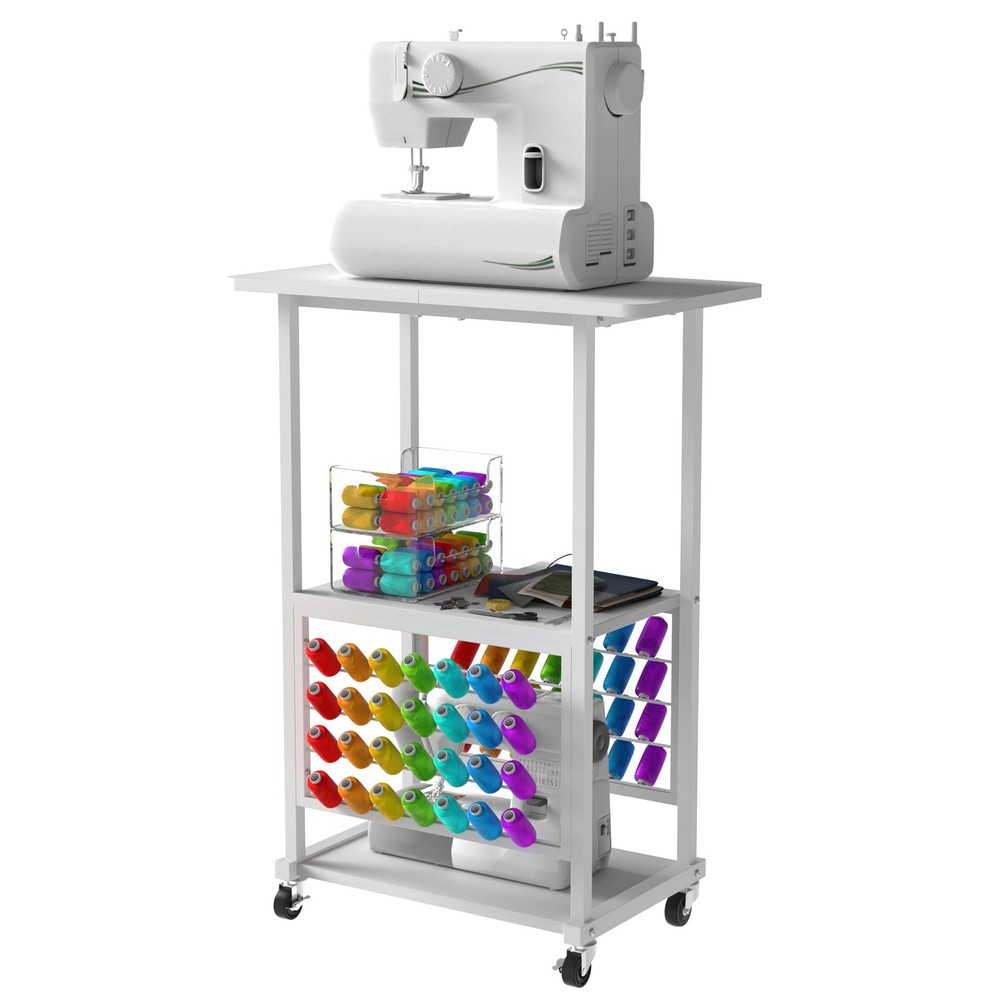 Rolling Craft Table with 56 Spools Thread Holder, 3 Storage Shelves, Portable...