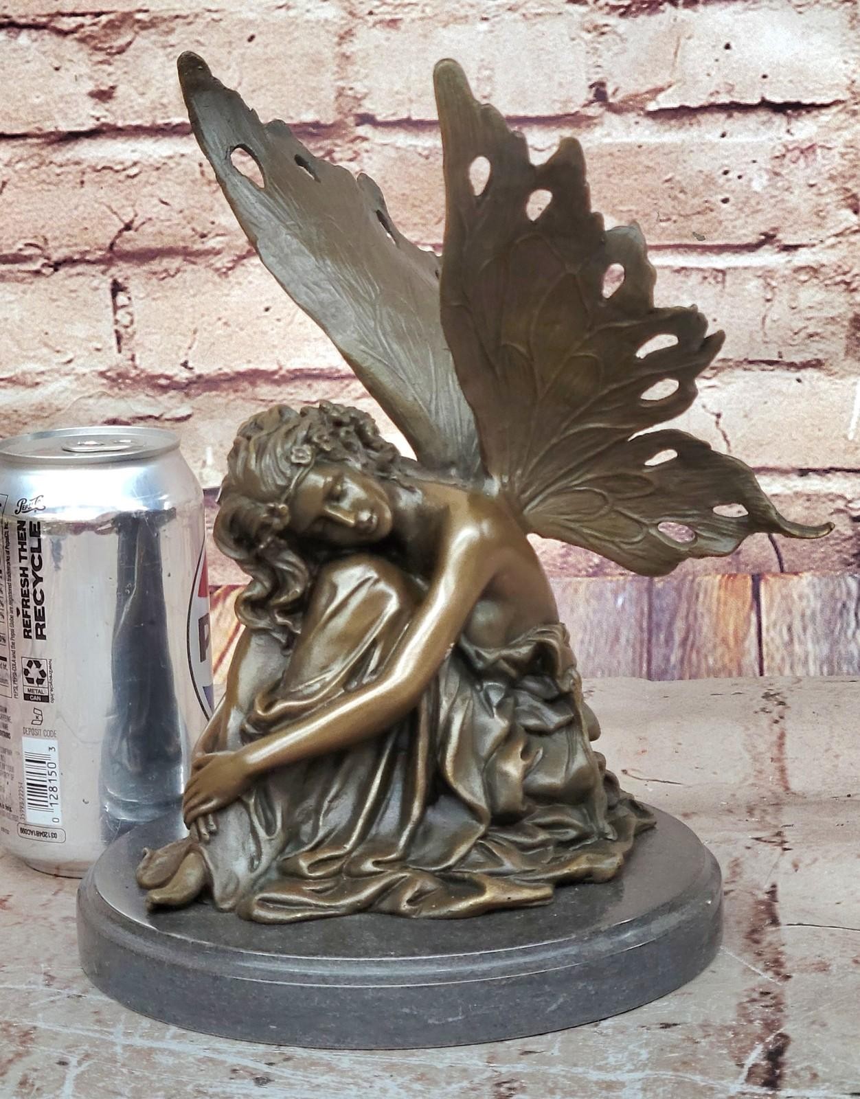 Bronze statue art nouveau garden fairy angel w/ wings. SIGNED Cesaro Artwork