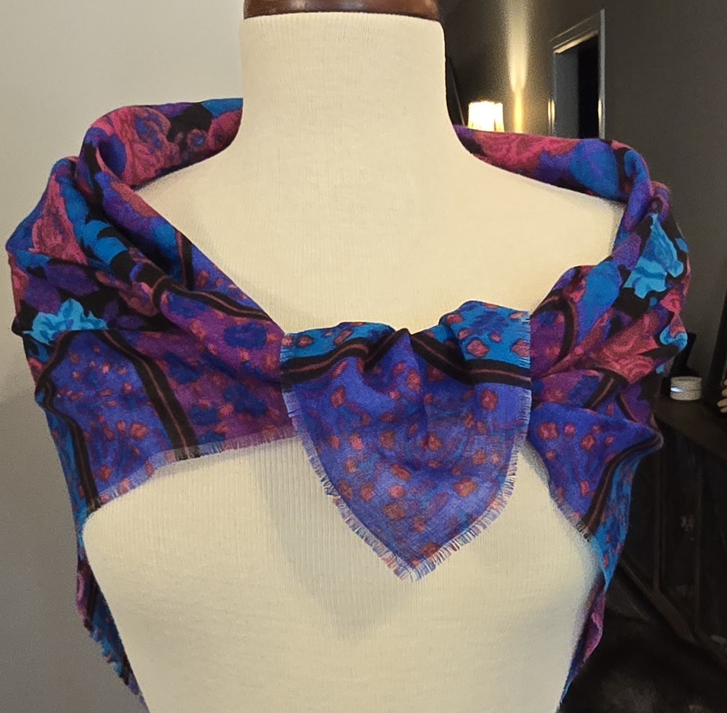 Vintage Glentex Japan Square Scarf Floral Stripes Blue Purple Pink 30x31 Inches