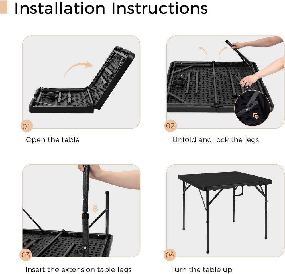 34" Folding Card Table Square Foldable Table Plastic Portable W/ Detachable Legs