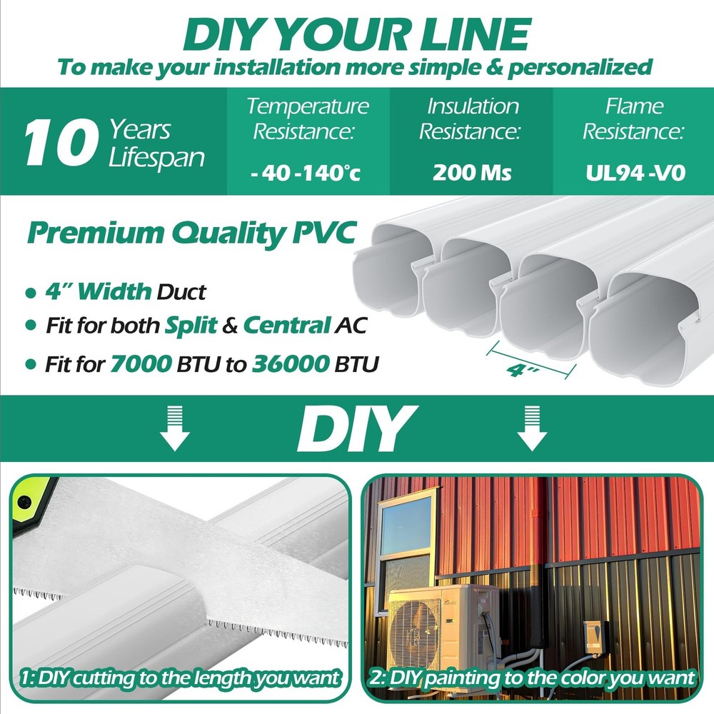 4'' 17 Ft Mini-split Line Set Covers, Line Hide Cover Kit for Mini Split Air ...