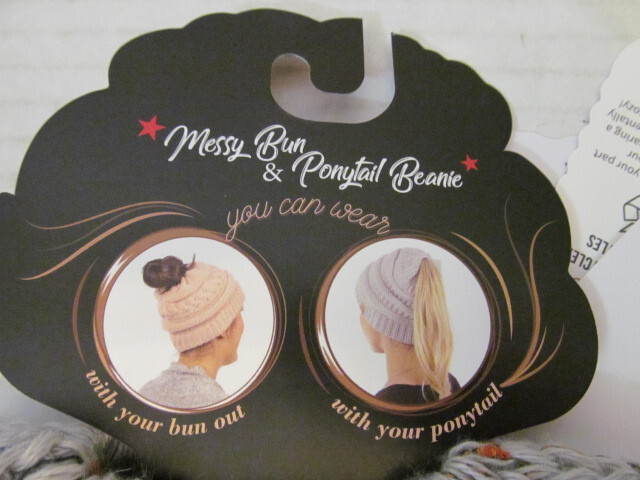 David & Young Messy Bun & Ponytail Beanie, Gray