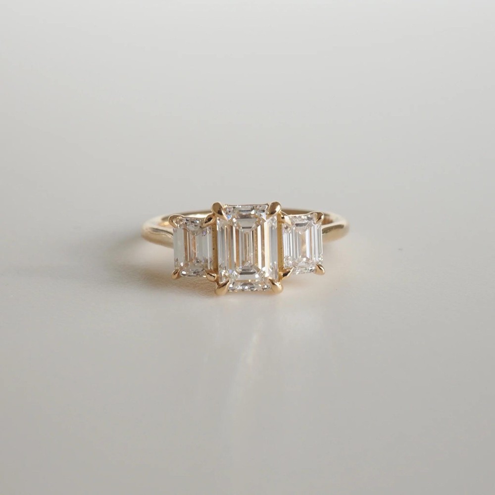 1.25 Ct Emerald Cut Lab Created Three Stone Ring - Step Cut Engagement Ring