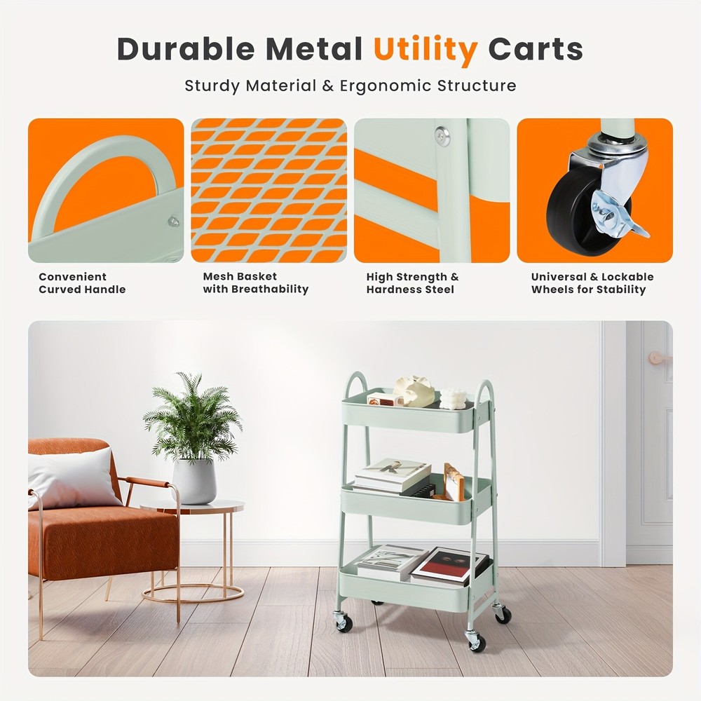 3-Tier Rolling Kitchen Cart, Metal Frame with Plastic Wheels, Space-Saving