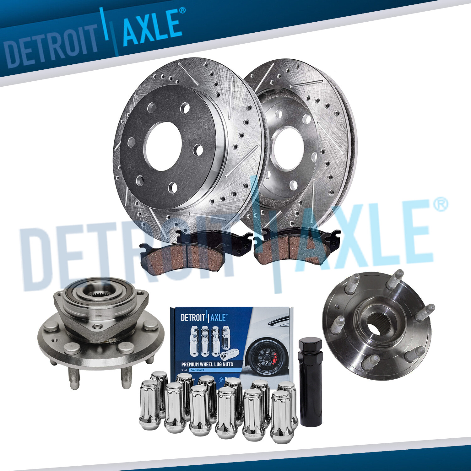 Rear Drilled Rotors Brake Pad Wheel Hub + 12pc Lugnut w/key for Traverse Enclave