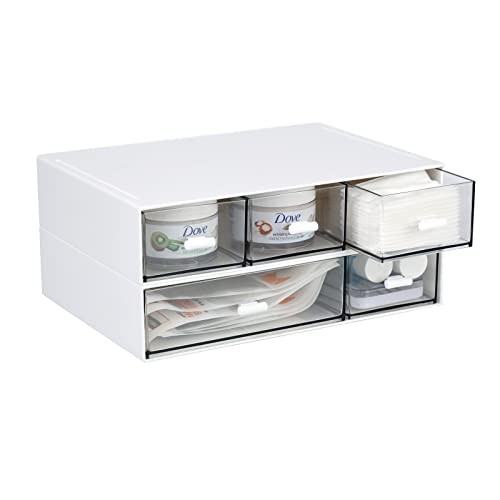 Desktop Organiser with 5 Drawers, Stackable 2 Flat Layers & 5 Drawers, White