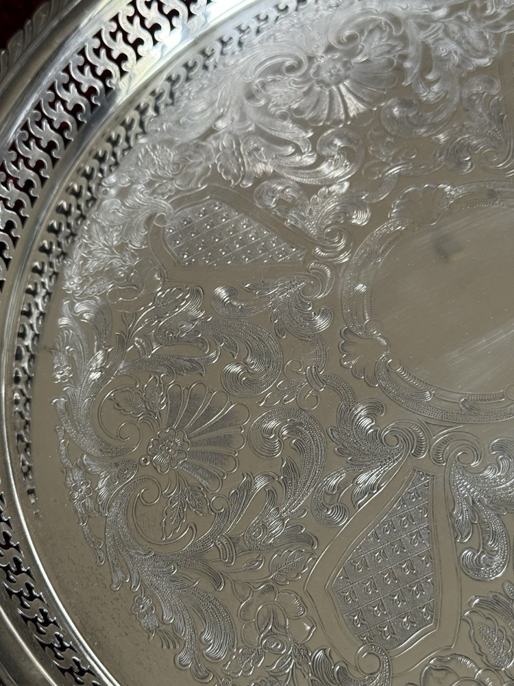VTG Silver-plate 13” Tray Oneida USA with Scroll Etching Raised Rim Pierced.
