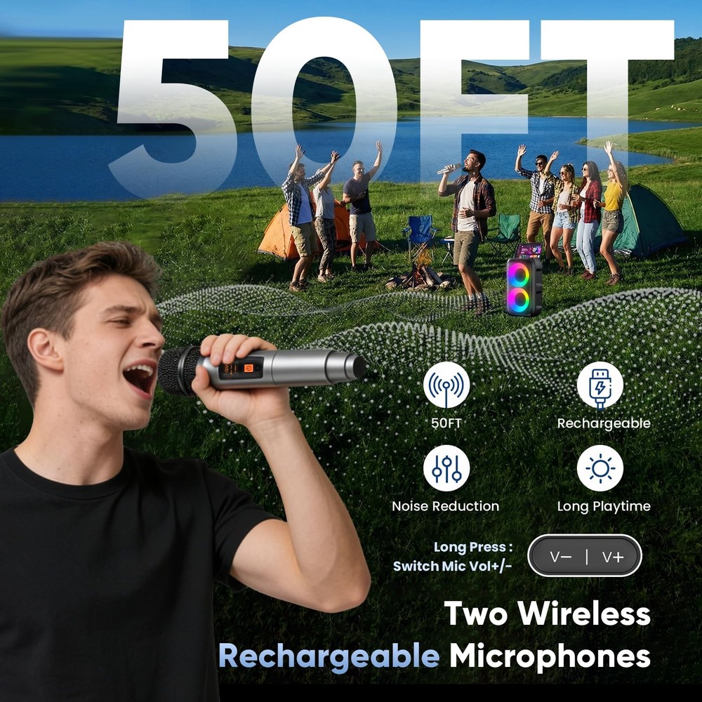 Karaoke Machine, Portable Bluetooth Speaker with 2 Wireless Karaoke Microphon...