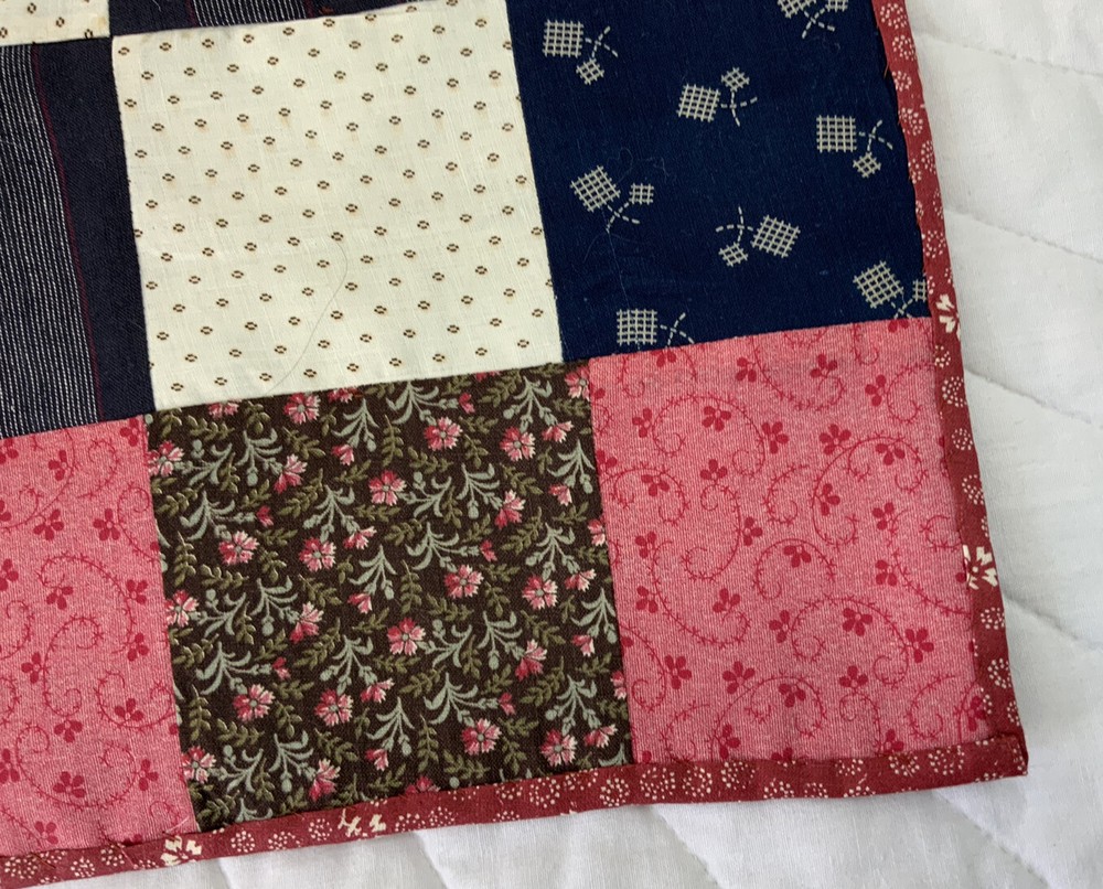 Vintage Patchwork Quilt Table Topper, Early Calico Prints, Nine Patch