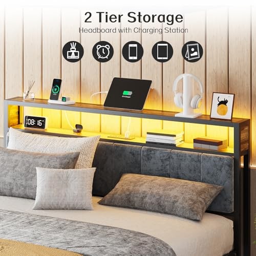 Bed Frame with Headboard, Metal Platform Bed Size with 2-Tier Storage, Full