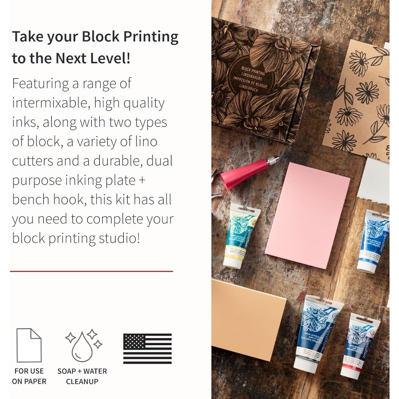 Deluxe Block Printing Kit-Includes Inks Brayer Bench Hook Lino Handle andCutters