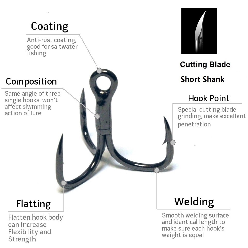 30 Hooks Short Shank Black Nickle Cutting Blade Forged Treble Hooks FH38HP30