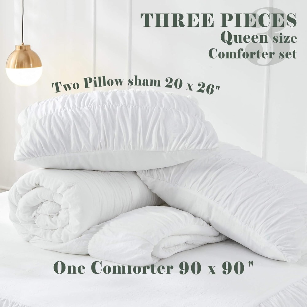 Queen-Size Down Comforter Set - White Bedding - Pleated Down Comforter