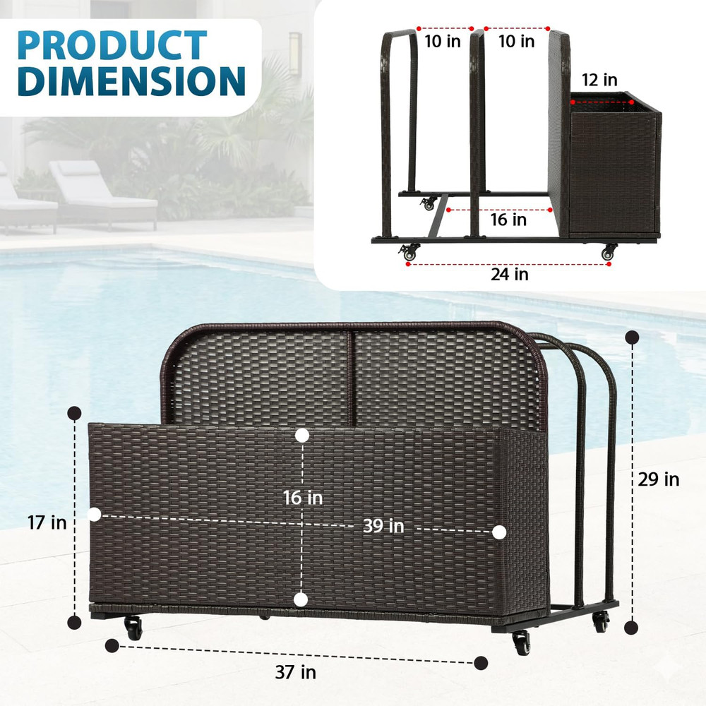 Pool Float Storage Poolside Storage Bin Holder Storage Rack with Wheels PE Ratta