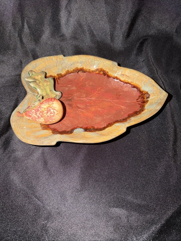 Leaf Shaped Pottery Dish with Pear
