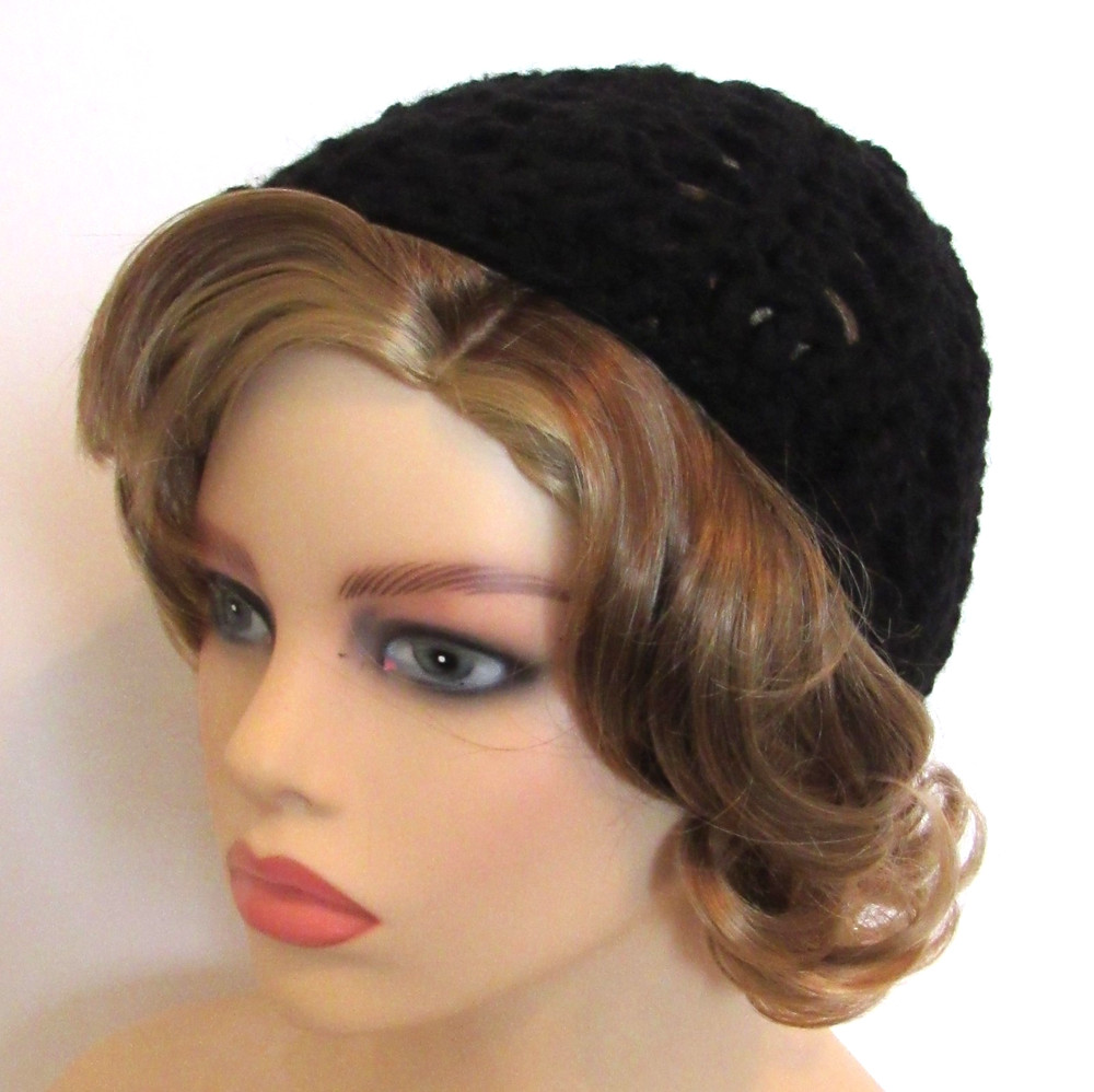 BOHO BEANIE HAT CAP SOLID BLACK OPEN WEAVE MESH HANDMADE CROCHET WITH FLOWER