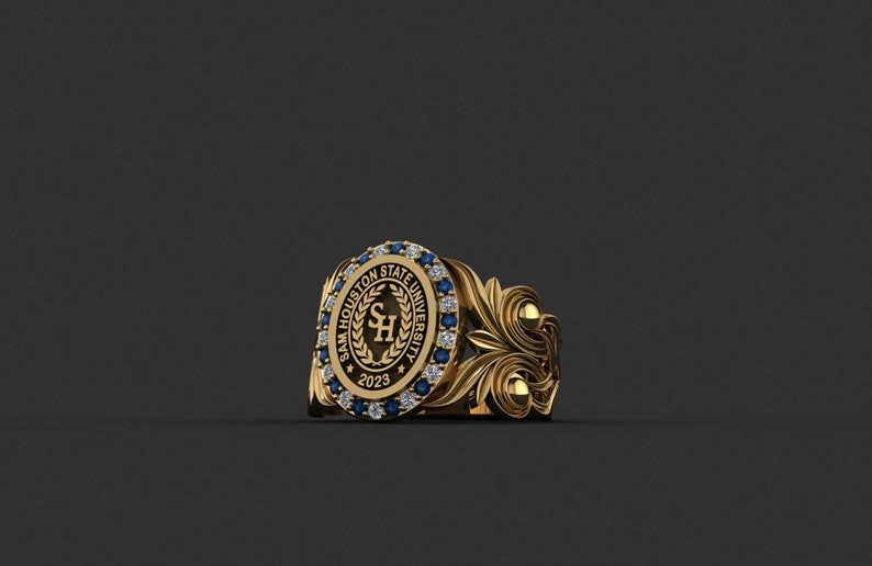 Custom Sam Houston University Ring Personalized Silver Blue & white Gem 2023