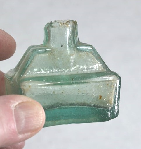 antique ink bottle lot round, cottage, desk 4 sheared tops light aqua original