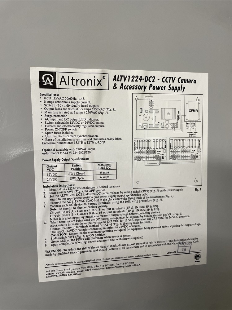ALTRONIX ALTV1224-DC2 Power Supply