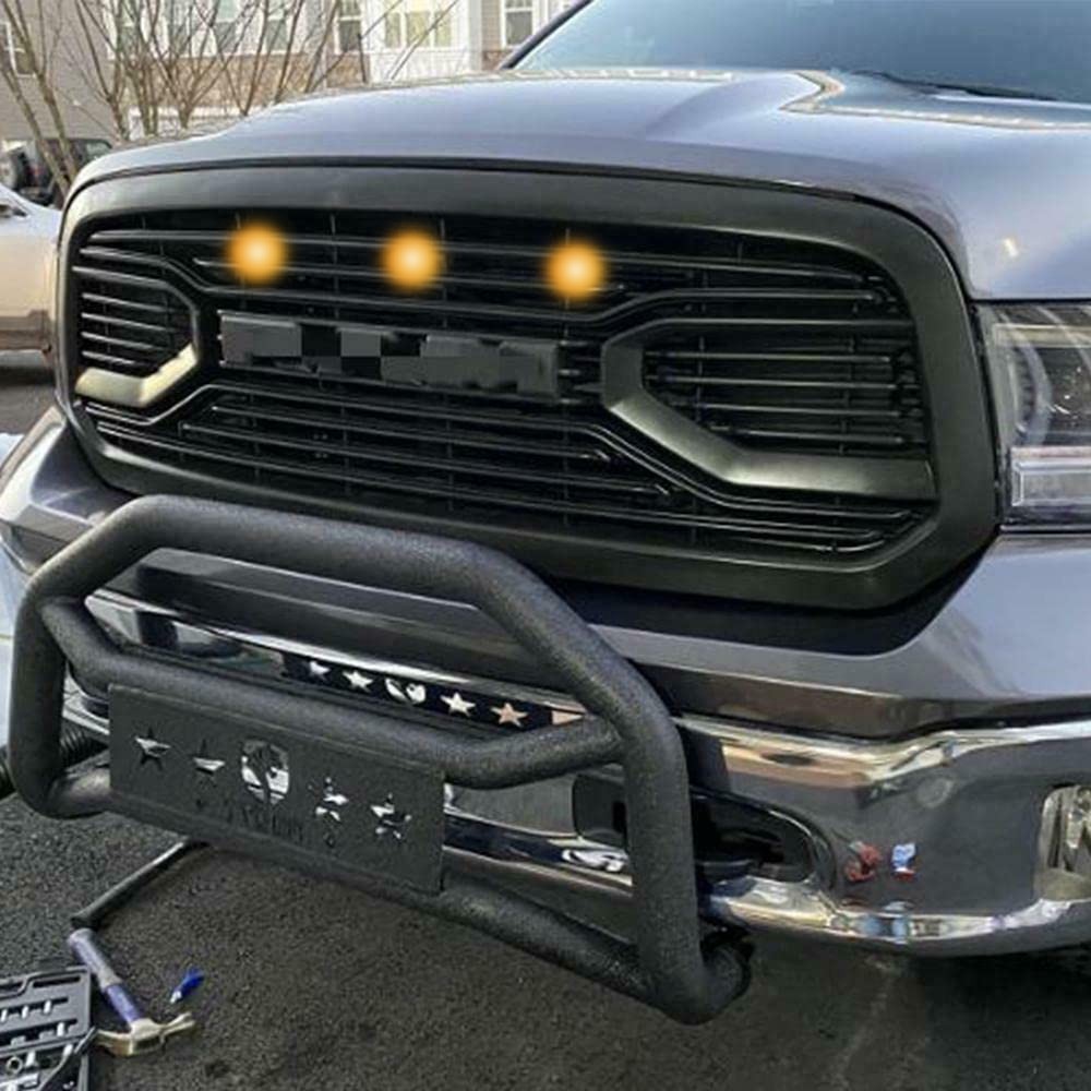 Front Grille For 2013-2018 Dodge Ram 1500 Upper Grill Matte Black W/Letter W/LED