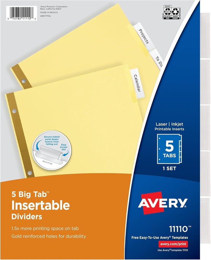 Avery Insertable Dividers for 3 Ring Binder, 5-Tab Set, Clear Big Tabs, Buff Pap