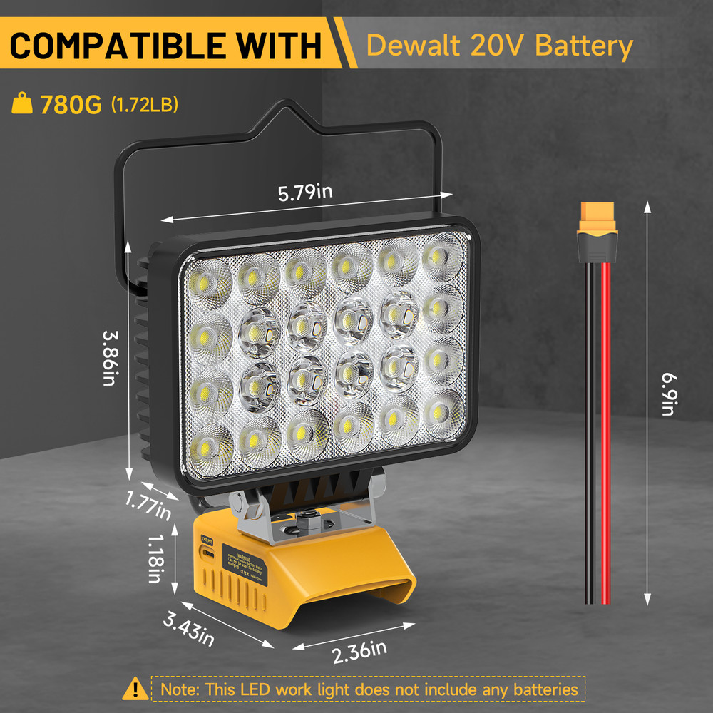 72W LED Work Light Compatible with De-walt 20V Battery Flashlight,USB Type-C
