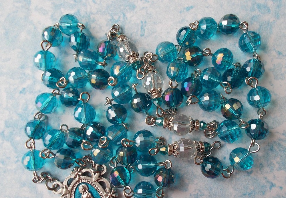 GORGEOUS two color blue Czech crystal rosary~Ornate crucifx~Italy~Handmade~
