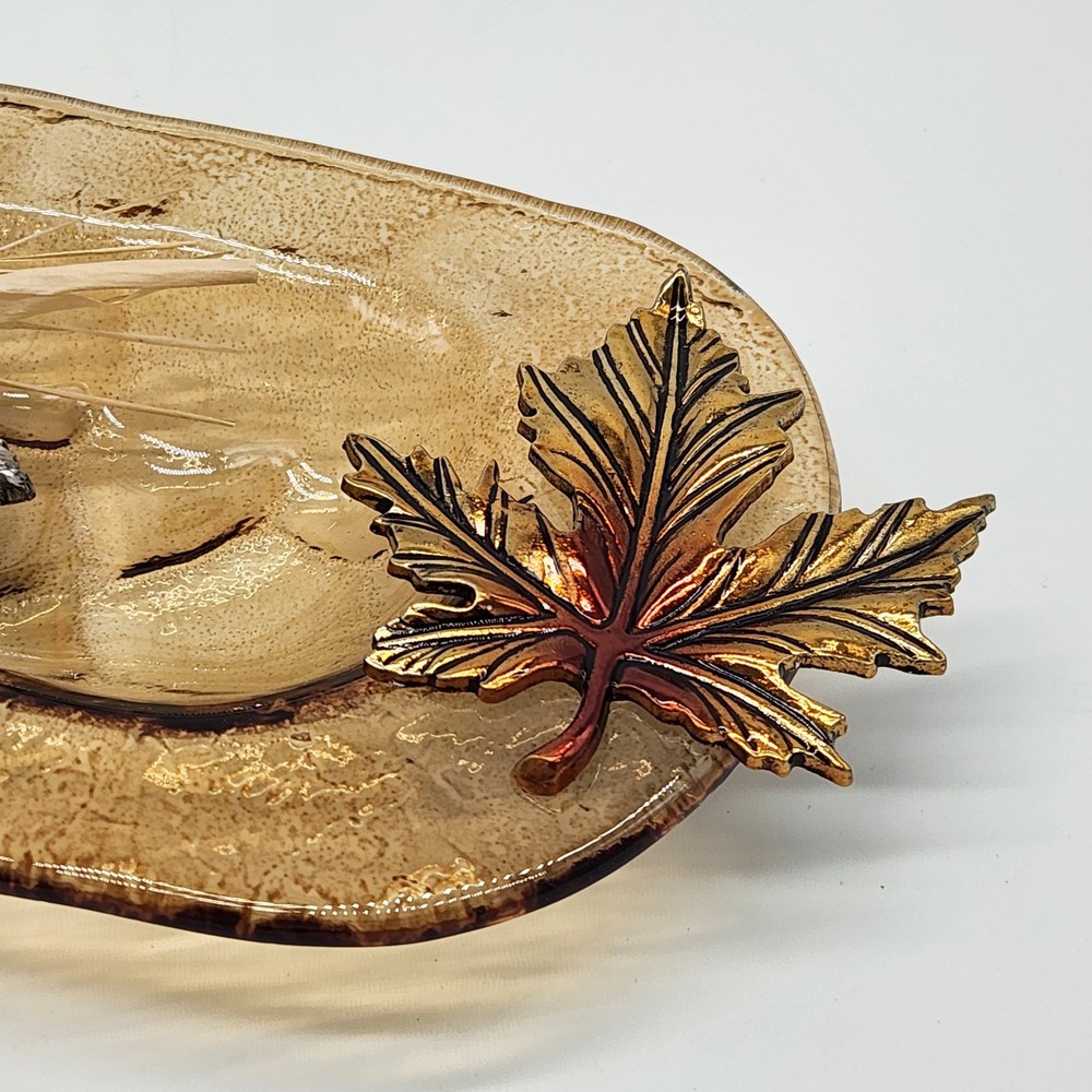 Glass Amber Harvest Leaf Server with Spreader