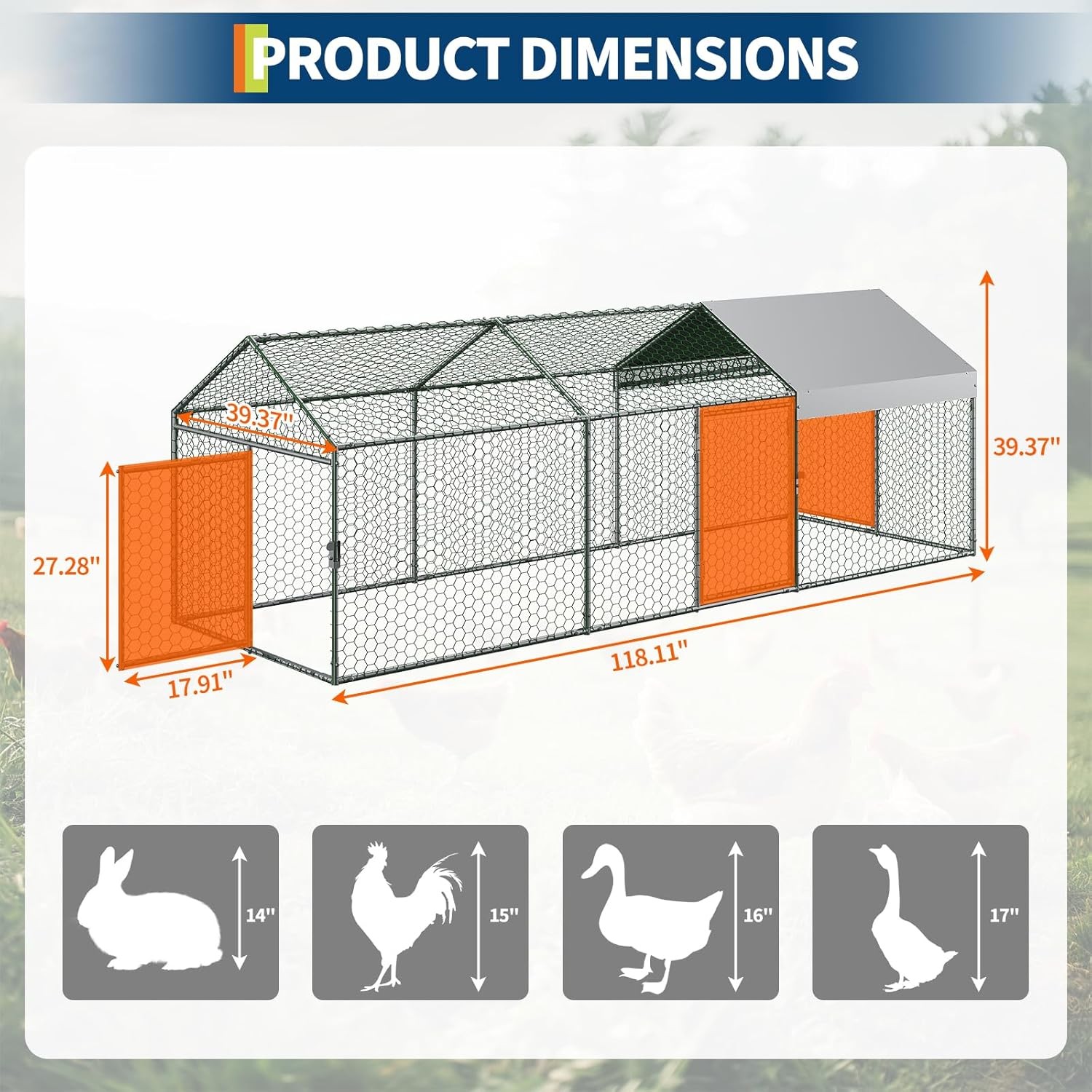 Metal Chicken Coop with Waterproof Cover & 3 Doors, Poultry Cage Outdoor, Silver