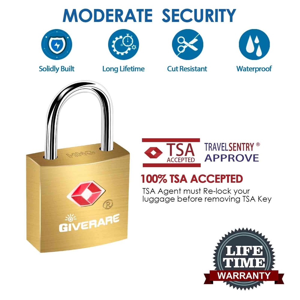 4 Pack TSA Approved Travel Luggage Locks with Keys, Solid Brass Copper Keyed ...