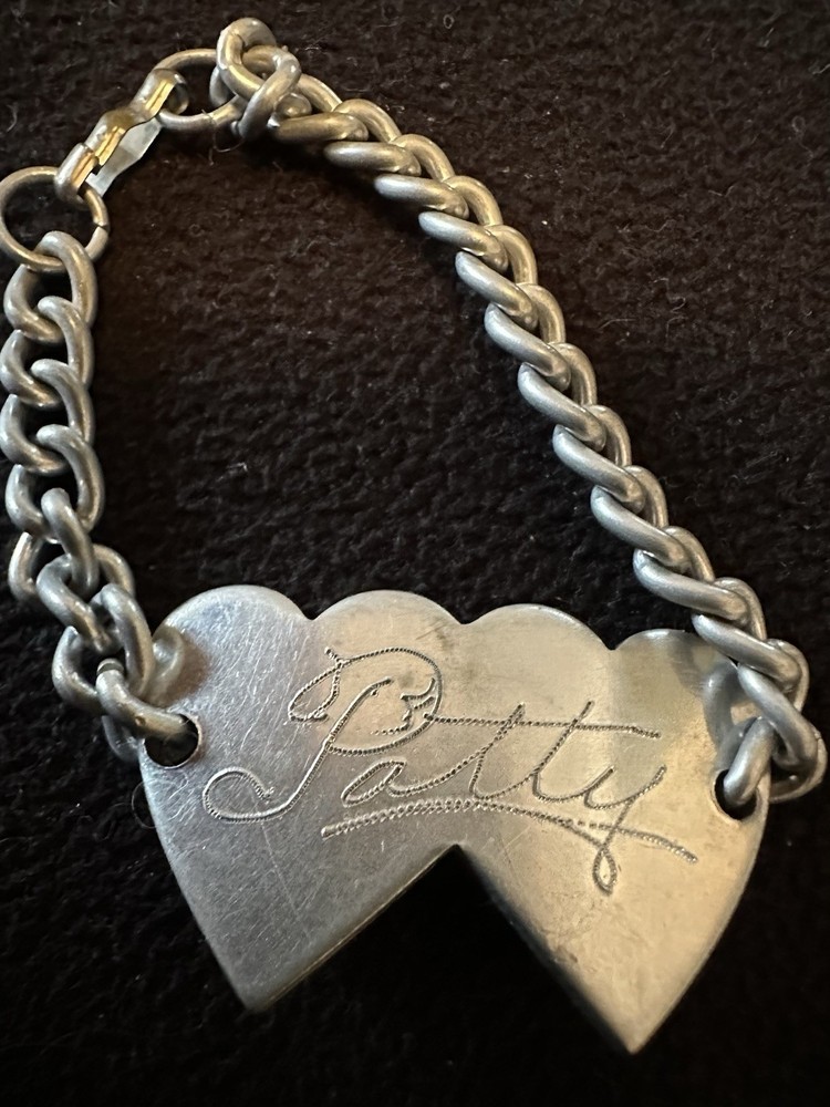 VINTAGE  WWII MILITARY TRENCH ART - SWEETHEART BRACELET-‘PATTY’ ALUMINUM W/CLASP