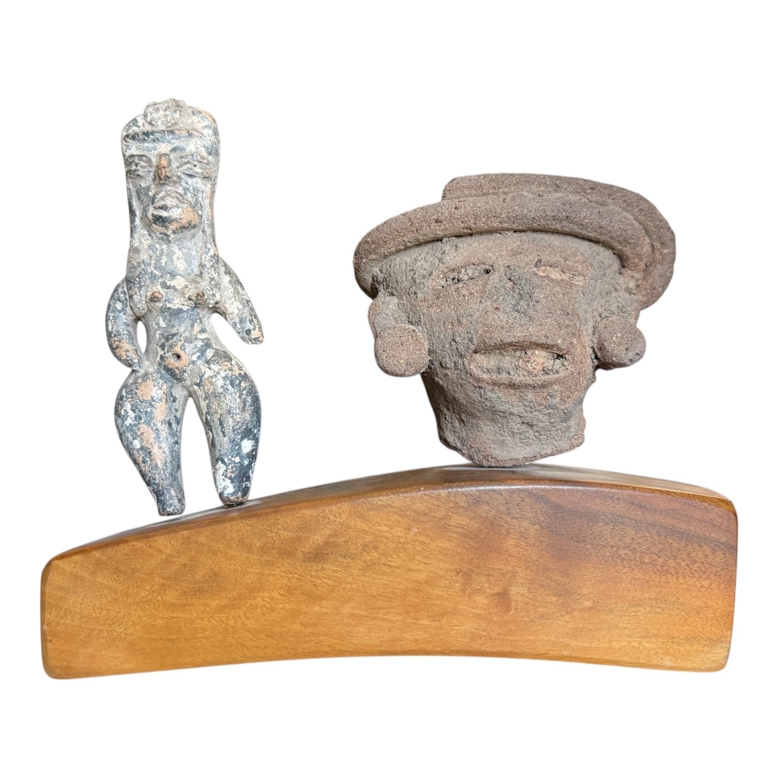 Antique Pre-Columbian Pottery Figural Group Standing Figure & Head on Base