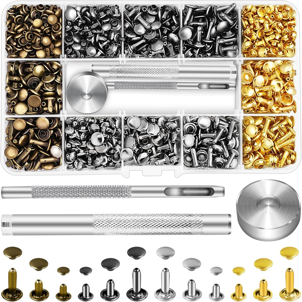 480 Pack Leather Rivets, Brass Rivets for Fabric, Leather Rivet Kit, Double Cap