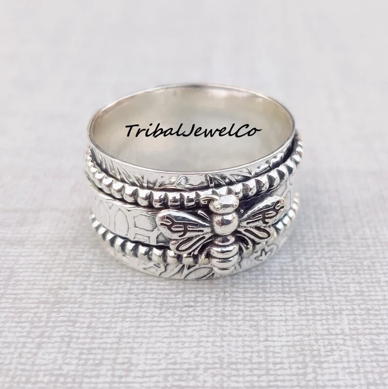 Honey Bee Spinner Ring, 925 Sterling Silver, Spinner Ring, Worry Ring, All size