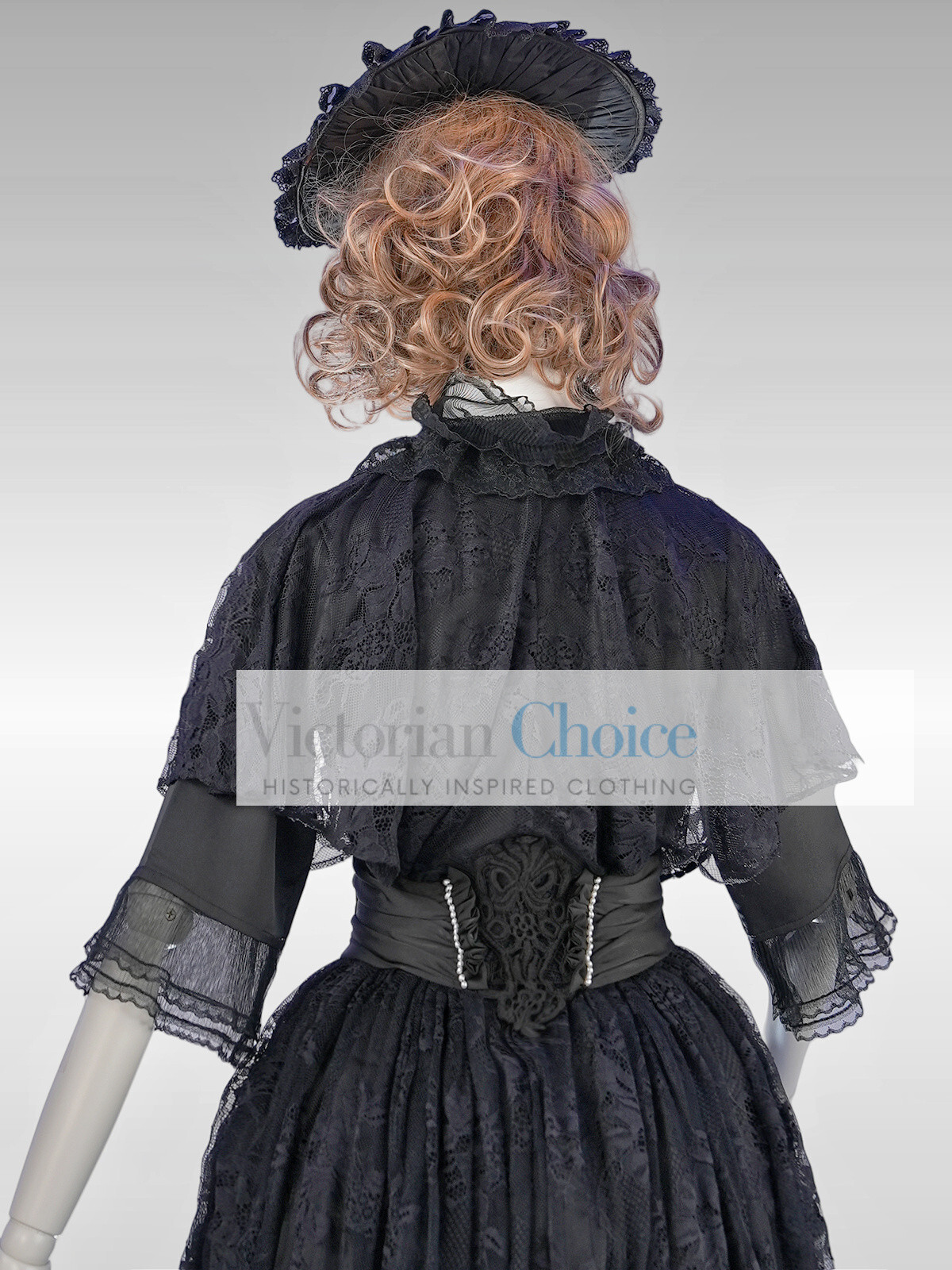 Black Victorian Edwardian Lace Overlay Romantic Gothic Wrapper Dress Theater 841